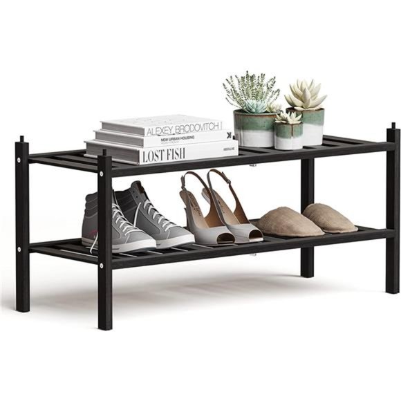 Dranixly 2 Tier Shoe Rack, Bamboo Stackable Shoe Shelf Storage Organizer